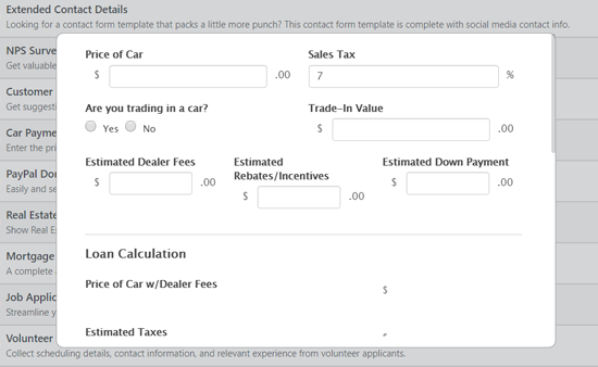 Calculadora de pagos de automóviles Vista previa del formulario WordPress