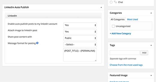 Linkedin Auto Publish meta box en la pantalla de edición de publicaciones en WordPress