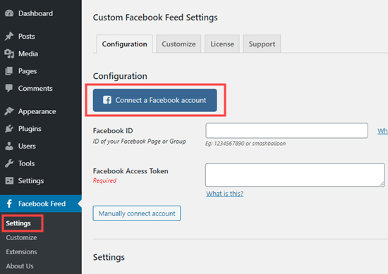 Conecte su cuenta de Facebook al complemento de alimentación personalizada de Facebook