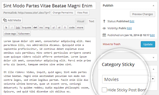 Categoría metabox pegajosa en la pantalla de edición de publicaciones en WordPress