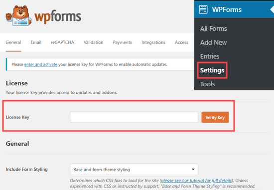 Ingresando su clave de licencia para WPForms