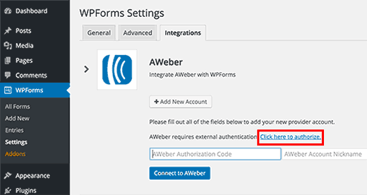 Integración de AWeber en la configuración de WPForms