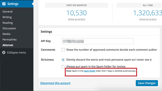 El calendario de eliminación de spam de comentarios se muestra en la configuración de Akismet