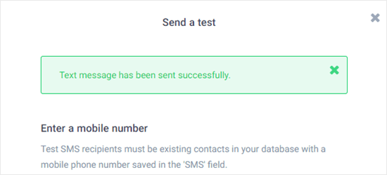 Confirmación de que el mensaje SMS de prueba se envió correctamente