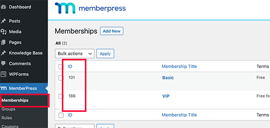 Encontrar un ID de plan de membresía en MemberPress