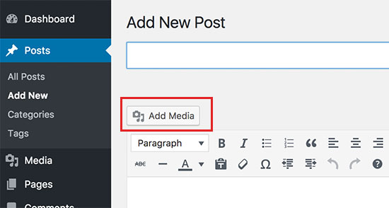 Haga clic en el botón Agregar medios para cargar sus fotos en WordPress