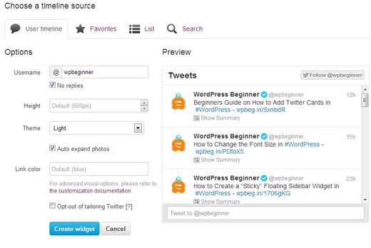Vista previa del widget de Tweets recientes Vista previa del widget de Tweets recientes