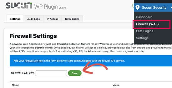 Clave de API de WAF de Sucuri Clave de API de WAF de Sucuri