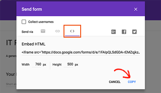 Copia tu código de inserción de Formularios de Google Copia tu código de inserción de Formularios de Google