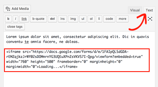 Pegue el código de inserción de formularios de Google en la publicación de WordPress Pegue el código de inserción de formularios de Google en la publicación de WordPress