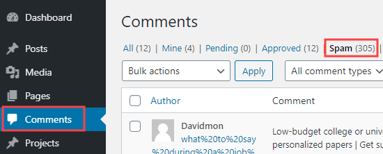 Haga clic en la pestaña Spam para ver una lista de los comentarios que se han marcado como spam. Haga clic en la pestaña Spam para ver una lista de los comentarios que se han marcado como spam.