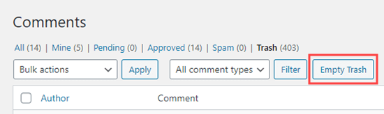 Vaciar la papelera para eliminar todos los comentarios pendientes de WordPress Vaciar la papelera para eliminar todos los comentarios pendientes de WordPress