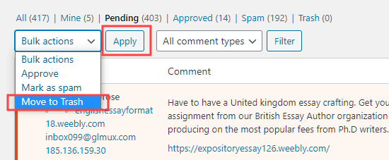 Seleccionar de forma masiva los comentarios pendientes y moverlos a la papelera Seleccionar de forma masiva los comentarios pendientes y moverlos a la papelera