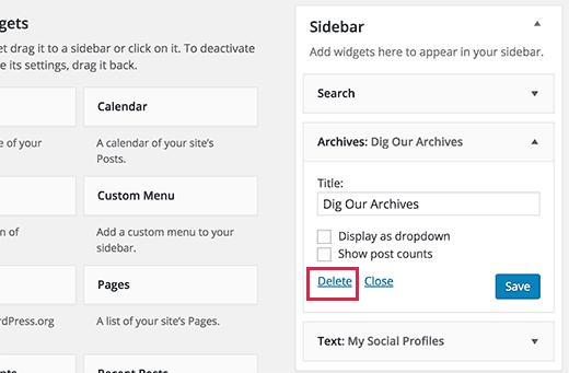 Eliminar un widget eliminándolo de la barra lateral de WordPress Eliminar un widget eliminándolo de la barra lateral de WordPress