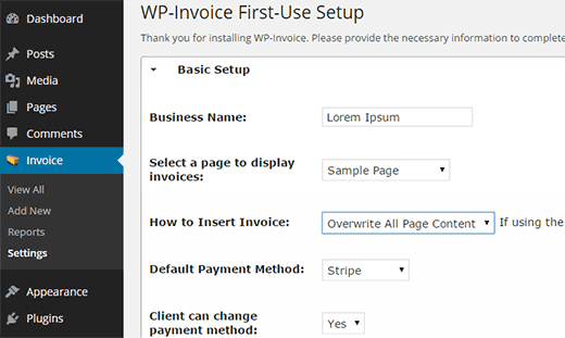 Configurar los ajustes de WP-Invoice Configurar los ajustes de WP-Invoice