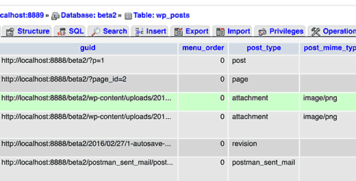 Entrada de base de datos para el tipo de publicación adjunta como se ve en phpMyAdmin Entrada de base de datos para el tipo de publicación adjunta como se ve en phpMyAdmin