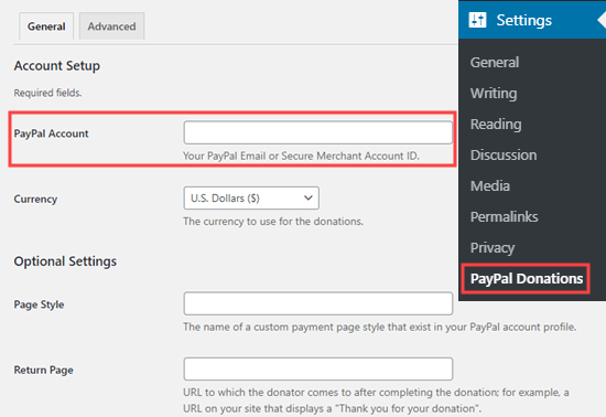 Agregue la dirección de correo electrónico de su cuenta de PayPal a la configuración del complemento Donaciones de PayPal Agregue la dirección de correo electrónico de su cuenta de PayPal a la configuración del complemento Donaciones de PayPal