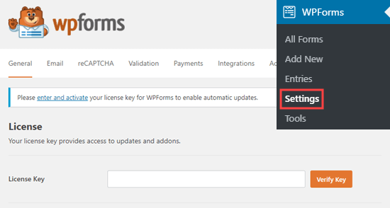 Ingresando su clave de licencia de WPForms en su sitio Ingresando su clave de licencia de WPForms en su sitio