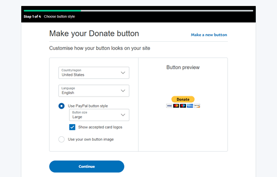 Siguiendo los pasos en pantalla para crear el botón de donación Siguiendo los pasos en pantalla para crear el botón de donación