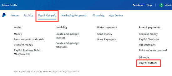Seleccionar la opción de menú Botones de PayPal Seleccionar la opción de menú Botones de PayPal