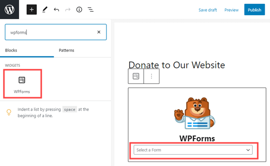 Crear un bloque de WPForms y seleccionar su formulario de la lista desplegable Crear un bloque de WPForms y seleccionar su formulario de la lista desplegable