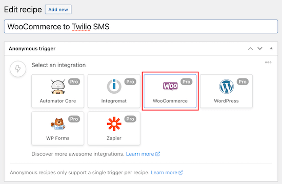 Seleccione la integración de WooCommerce Seleccione la integración de WooCommerce