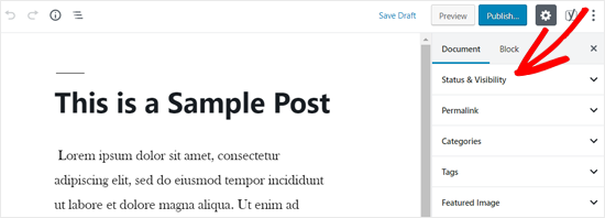 Opción de estado y visibilidad en el editor de publicaciones de WordPress Opción de estado y visibilidad en el editor de publicaciones de WordPress