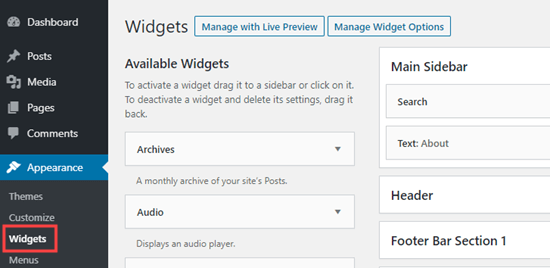 La sección de widgets del administrador de WordPress La sección de widgets del administrador de WordPress
