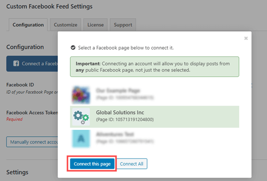 Seleccione la página de Facebook que desea conectar a su sitio web Seleccione la página de Facebook que desea conectar a su sitio web
