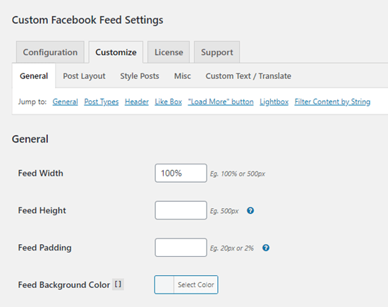 Las opciones de personalización para el complemento de feed de Facebook personalizado Las opciones de personalización para el complemento de feed de Facebook personalizado