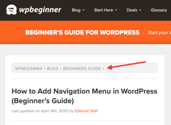 Breadcrumbs mostrados en el sitio web de WPBeginner Breadcrumbs que se muestran en el sitio web de WPBeginner