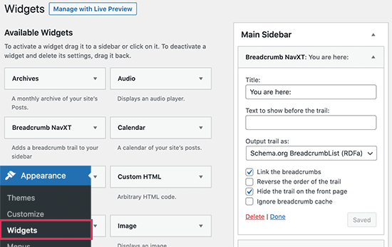 Configuración del widget Breadcrumb NavXT Configuración del widget Breadcrumb NavXT