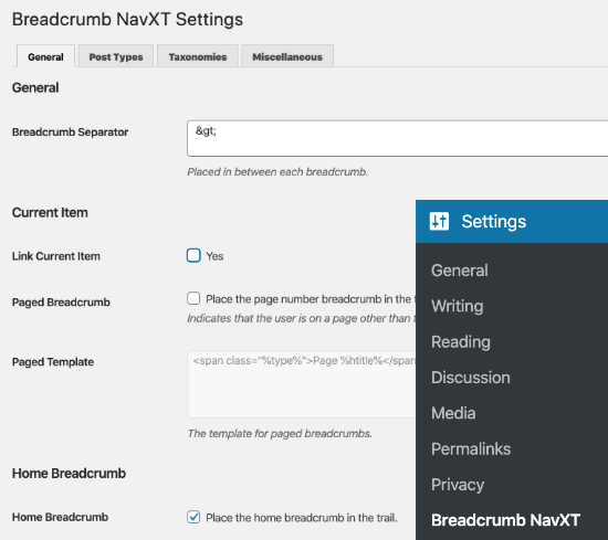 Página de configuración para el complemento Breadcrumb NavXT Página de configuración para el complemento Breadcrumb NavXT