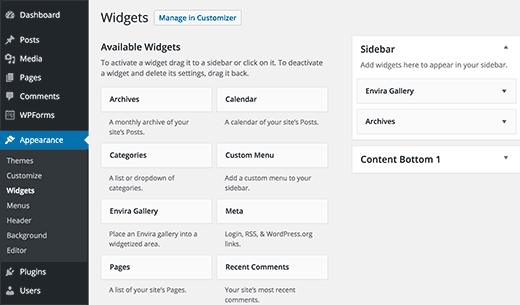 Pantalla de widgets en un sitio de WordPress Pantalla de widgets en un sitio de WordPress