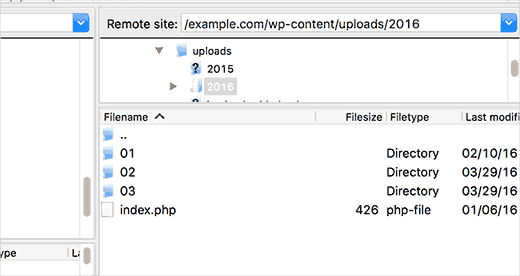 Vista FTP del directorio de cargas de un sitio de WordPress Vista FTP del directorio de cargas de un sitio de WordPress