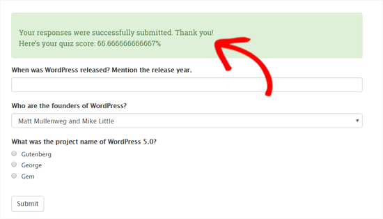 Puntuación de la prueba mostrada en WordPress Puntuación de la prueba mostrada en WordPress