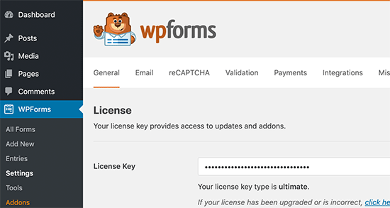 Agregar clave de licencia de WPForms Agregar clave de licencia de WPForms