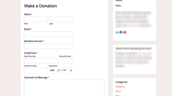 Vista previa del formulario de donación de Stripe Vista previa del formulario de donación de Stripe
