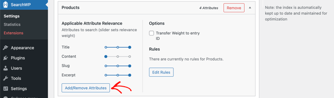 Haga clic en el botón 'Agregar o quitar atributos' en la sección de productos Haga clic en el botón 'Agregar o quitar atributos' en la sección de productos