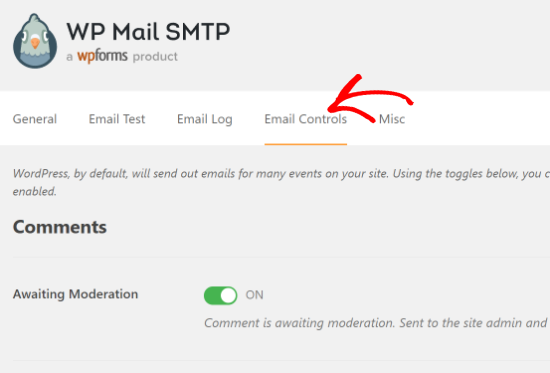 Pestaña de controles de correo electrónico en WP Mail SMTP Pestaña de controles de correo electrónico en WP Mail SMTP