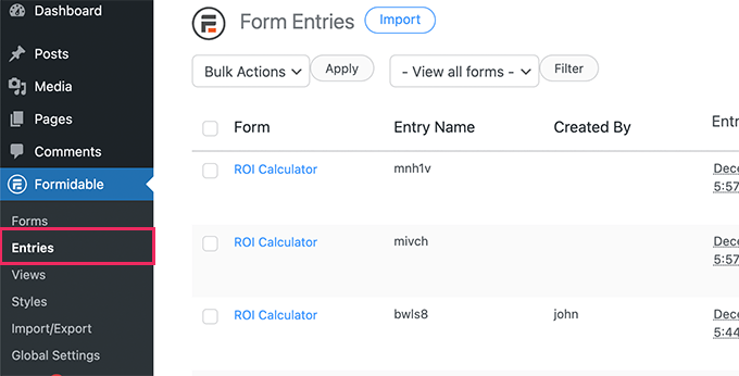 Ver entradas de formulario de calculadora Ver entradas de formulario de calculadora