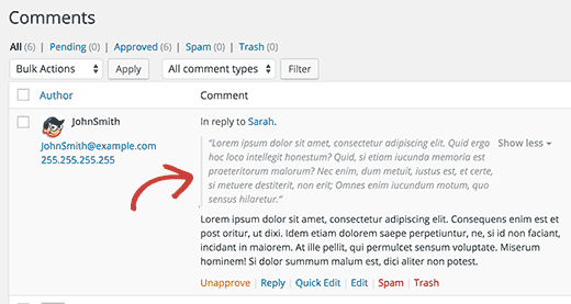 Comentario principal que se muestra sobre el comentario secundario en la pantalla de moderación de comentarios de WordPress Comentario principal que se muestra sobre el comentario secundario en la pantalla de moderación de comentarios de WordPress