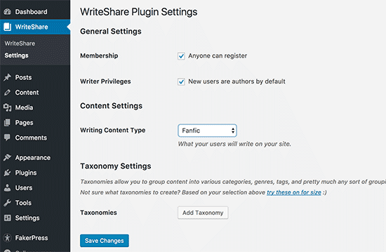 Página de configuración de WriteShare Página de configuración de WriteShare