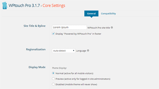 Configuración principal de WP Touch Pro Configuración principal de WPTouch Pro