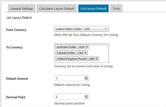 Configuración predeterminada de la lista de divisas Configuración predeterminada de la lista de divisas