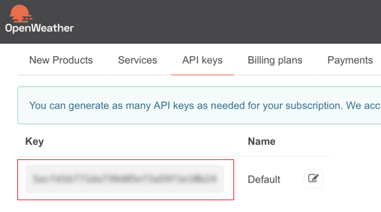 Clave API de OpenWeatherMap