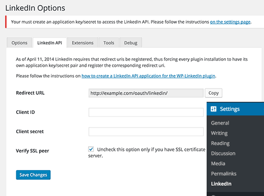 Página de configuración de WP LinkedIn Página de configuración de WP LinkedIn