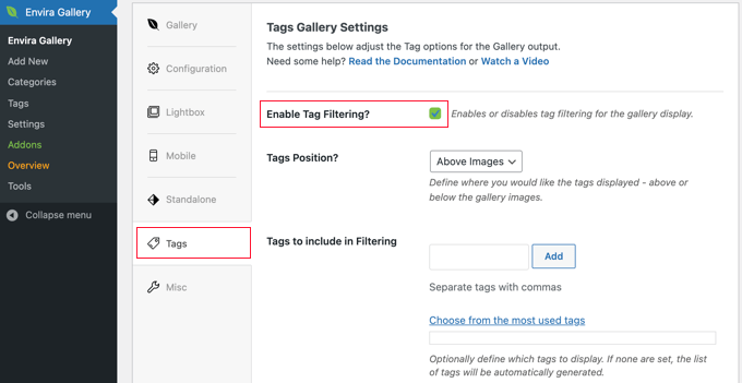enviraenabletagfiltering Habilite el filtrado para su galería