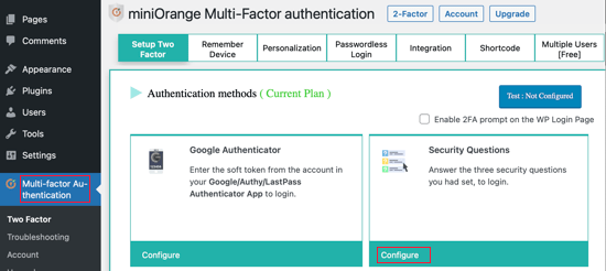 Haga clic en el botón Configurar en la sección Preguntas de seguridad