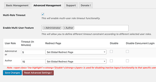Configuración de tiempo de espera de usuario inactivo de múltiples roles Configuración de tiempo de espera de usuario inactivo de múltiples roles